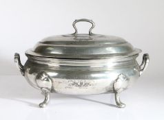 A George III pewter lidded soup tureen, circa 1760 Of oval form, the lid and body engraved with