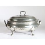 A George III pewter lidded soup tureen, circa 1760 Of oval form, the lid and body engraved with