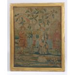 An 18th Century needlework picture, depicting two figures flanking a tree in a landscape, with