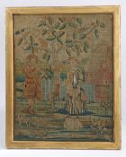 An 18th Century needlework picture, depicting two figures flanking a tree in a landscape, with