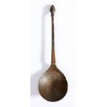 A Charles I latten strawberry-knop spoon,  circa 1640 The flattened and tapering stem with gutter,