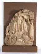 A 15th century alabaster panel of The Crucifixion Designed with Christ on the cross, attended by