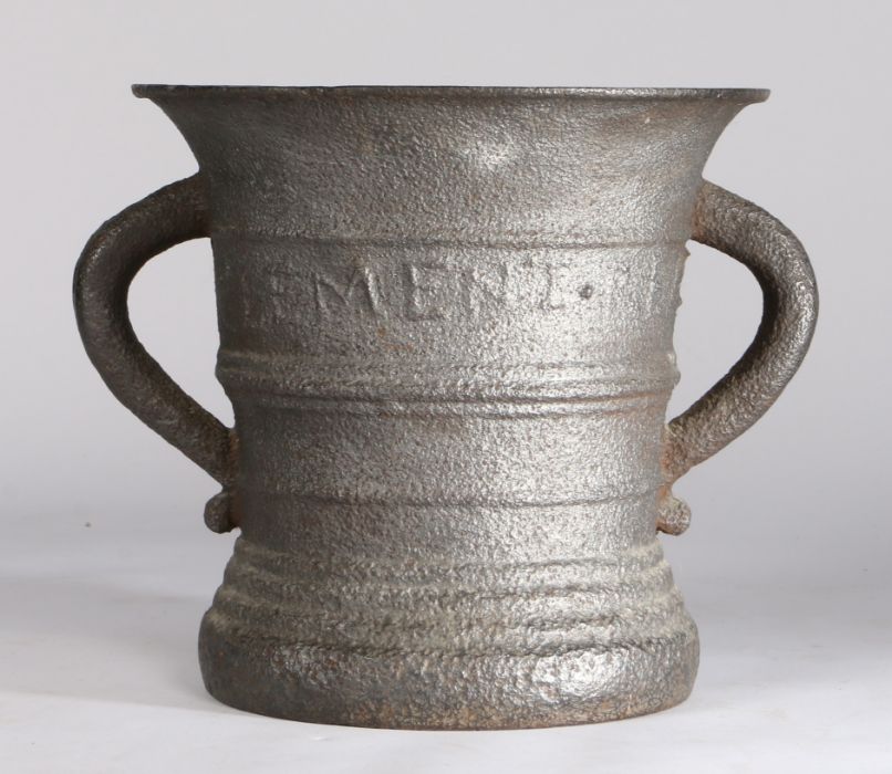 An attractive and large mid-18th century iron mortar, dated 1647, probably English, in the Dutch - Image 2 of 2