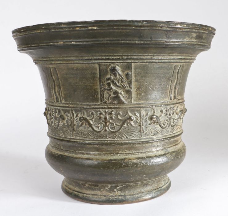 A large and impressive 16th century bronze mortar, Italian, circa 1550-1600 Having a stepped rim,