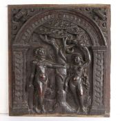 An Elizabeth I oak panel, circa 1570 Deigned with Adam & Eve, standing naked in the Garden of