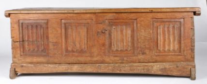 A mid-16th century oak boarded chest, Franco-Flemish, circa 1550 The lid of two boards, the front