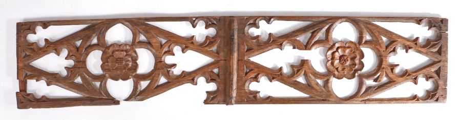 A large mid-15th century carved oak and pierced tracery panel, circa 1450 Designed as two