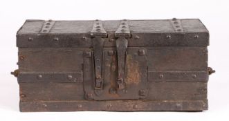 A rare 15th/16th century oak and iron-bound strong-box, German, circa 1500 Of rectangular form,