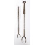 Two 18th century steel meat forks, English, circa 1750-80 The larger with two curved tines,