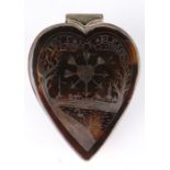 A tortoiseshell and white-metal mounted snuff box, French, circa 1800 Of heart-shape, engraved