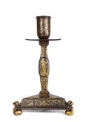 A rare and fine 16th century iron and damascened brass candlestick, Italian, probably Milan, circa