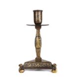 A rare and fine 16th century iron and damascened brass candlestick, Italian, probably Milan, circa