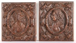 A pair of early 17th century oak portrait panels, circa 1610 One designed with the profile bust of a