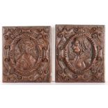 A pair of early 17th century oak portrait panels, circa 1610 One designed with the profile bust of a