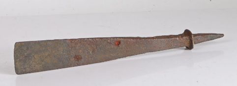 A wrought iron ‘chisel’ blade, 17th century, or possibly earlier, English With chamfered edge and