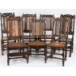 A harlequin set of seven late 17th century walnut and cane side chairs, English, circa 1685