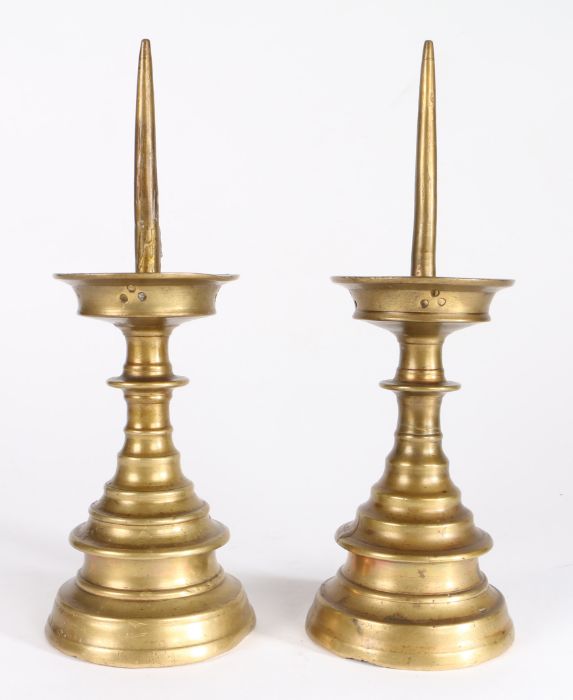 A pair of 16th century brass pricket candlesticks, German or Flemish Each with a long 4.75 inch - Image 2 of 2