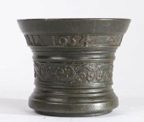 A mid-17th century bronze mortar, Dutch, dated 1654 Rim cast with the legend ‘SOLI DEO GLORIA 1654’,