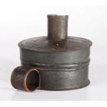 A sheet iron canister tinder box, English, circa 1800 With damper and steel, the slightly domed