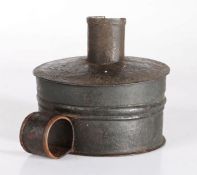 A sheet iron canister tinder box, English, circa 1800 With damper and steel, the slightly domed
