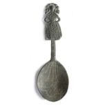 A rare Elizabeth I pewter figural spoon, circa 1560-80 Having a fig-shaped bowl with wrigglework