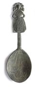 A rare Elizabeth I pewter figural spoon, circa 1560-80 Having a fig-shaped bowl with wrigglework