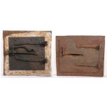 A 17th century iron bread-oven door, English With two strap hinges and scroll-work latch handle,