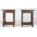 A rare pair of Charles I oak joint stools, circa 1630-40 Each top with single-reeded long edges