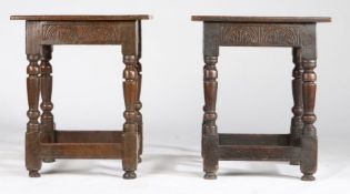 A rare pair of Charles I oak joint stools, circa 1630-40 Each top with single-reeded long edges