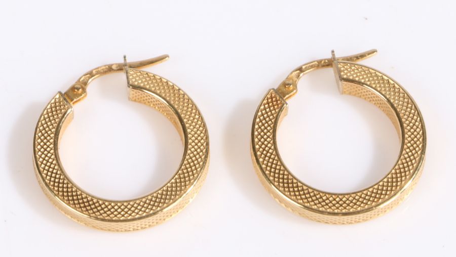 A pair of 18 carat gold hoop earrings, the earrings with a hatched decoration, weight 3.0 grams