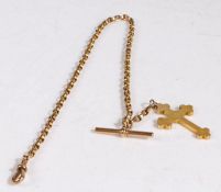 A 9 carat gold pocket watch chain and T bar together with a unmarked cross pendant, gross weight