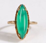 A 9 carat gold and jade ring, the head set with a thin elliptical jade stone, ring size L weight 3.2