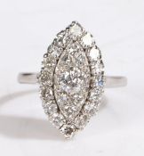 A white metal diamond cluster ring, with approximately a  total diamond carat weight: 1.55 carats, 5