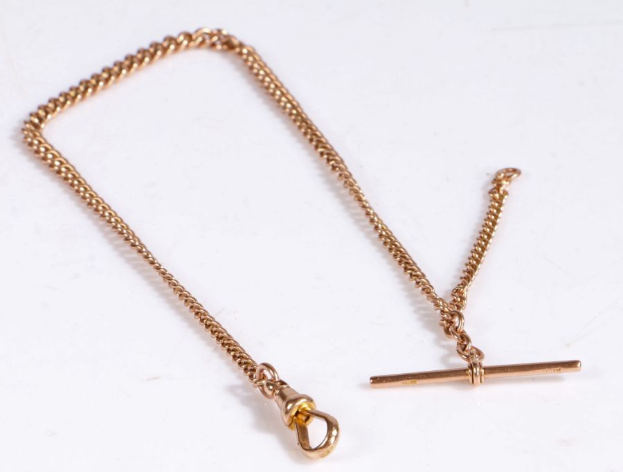 A 9 carat rose gold pocket watch chain and T bar, 31cm long weight 15.7 grams