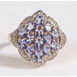 A 9 carat gold diamond and purple stone cluster ring, the head set with fourteen purple stones