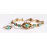 A Turquoise forget-me-not bracelet and ring set in yellow metal. The bracelet is comprised of a