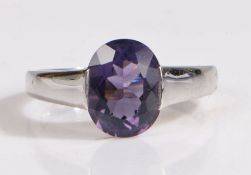 A 9 carat white gold and amethyst ring, the head set with a oval cut amethyst, ring size N weight
