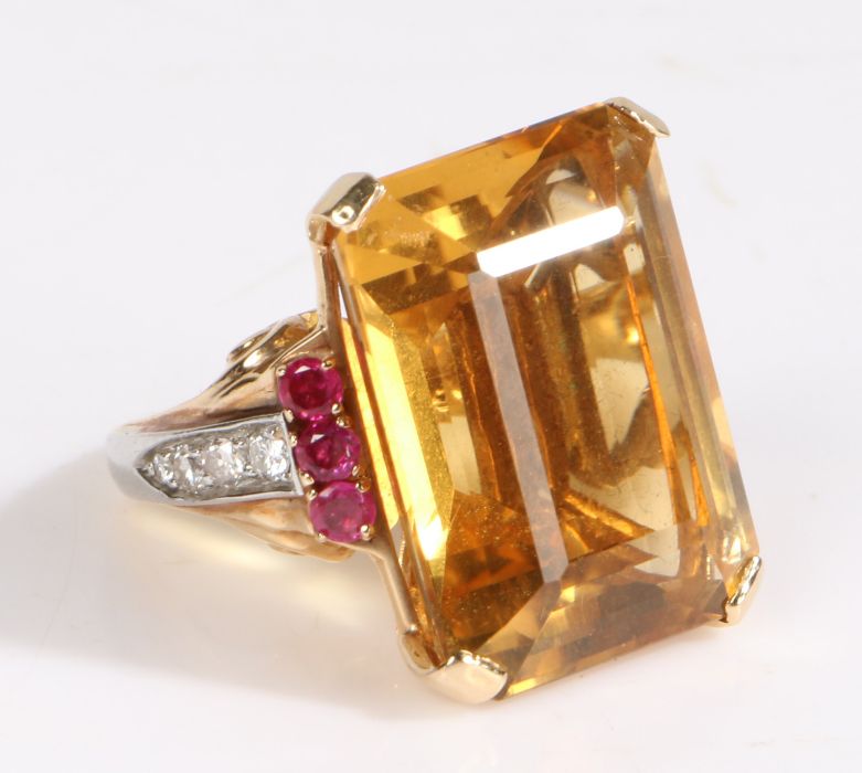 A 14 carat gold and cirtine, diamond and ruby ring, the large emerald cut citrine weighing 32 carats - Image 2 of 2