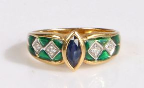 18 carat gold and enamel 'Harlequin' ring, having a marquise cut bezel set blue stone at the centre,