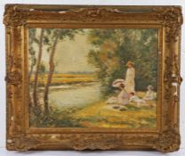 Post Impressionist School (British, 20th Century), Summer Scene with Figures by a Tranquil River,