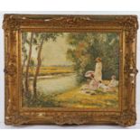 Post Impressionist School (British, 20th Century), Summer Scene with Figures by a Tranquil River,