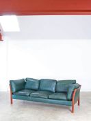 A Danish green leather & beech-framed three-seat sofa,73cm high, 205cm wide