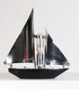 Art Deco Chrome Lamp, modelled as a yacht, with a black lacquered hull, cm height