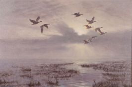 Julian Novorol (British, Born 1949), Swans in Flight Over a Coast, signed Julian Novorol and dated