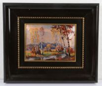 A Limoges enamel plaque depicting a Barbizon River Scene, indistinctly signed and inscribed '