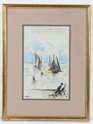 Style of Laurence Stephen Lowry (1887-1976) Figures and sailboats, initialled 'LSL' (lower-left),