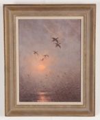 Julian Novorol (British, Born 1949), Ducks Alighting at Sunset, signed Julian Novorol (lower