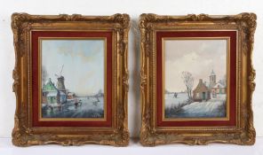 A V D Velden (Dutch, 20th Century) Winter Scenes, both signed A V D Velden (lower right), pair of