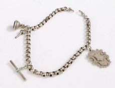 White metal fancy link pocket watch chain, with silver fob, Birmingham 1900, pocket watch key and