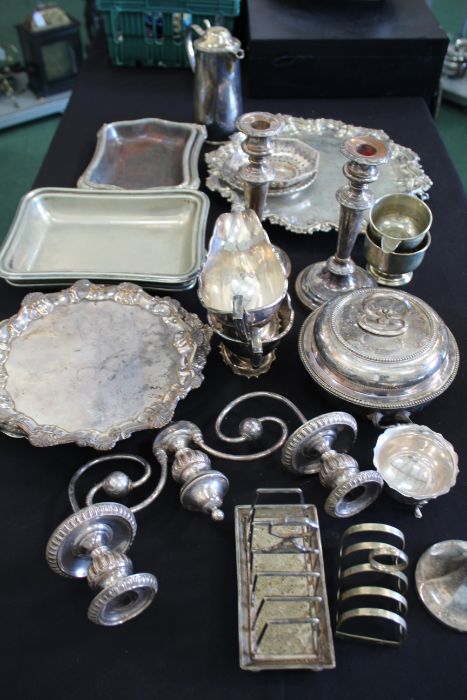 Silver plated ware, to include salver, tureens, candlesticks, muffin dish, sauceboats, cutlery